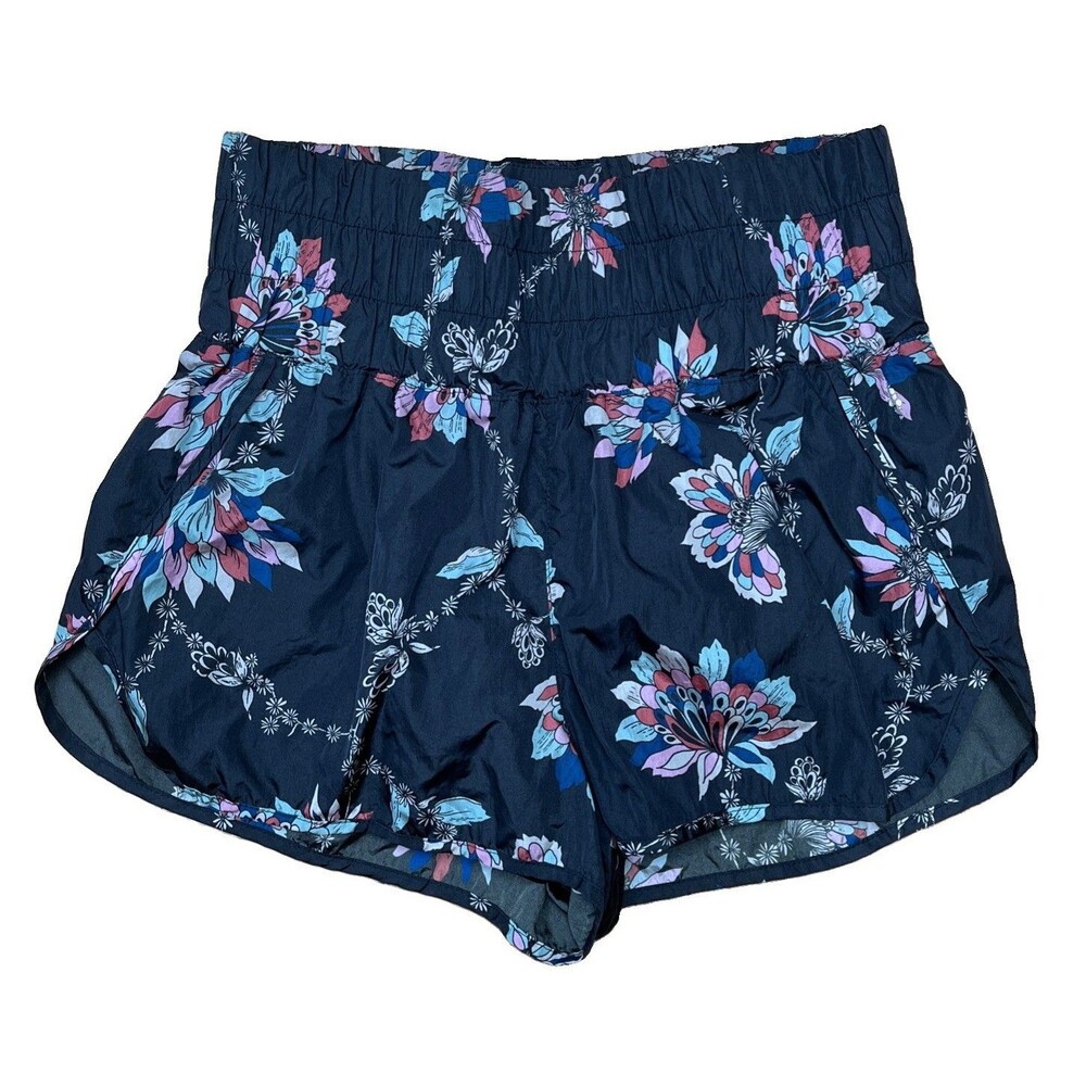 Free People Movement Women's Sz L High Rise Black Floral Printed Smocked Shorts